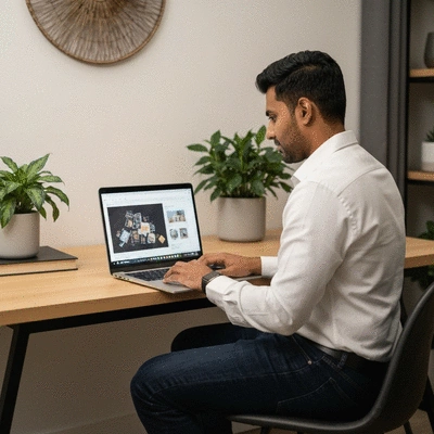Entrepreneur working on a laptop, surrounded by icons representing various digital tools