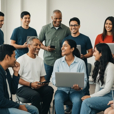 Group of rideshare drivers interacting, smiling and sharing insights