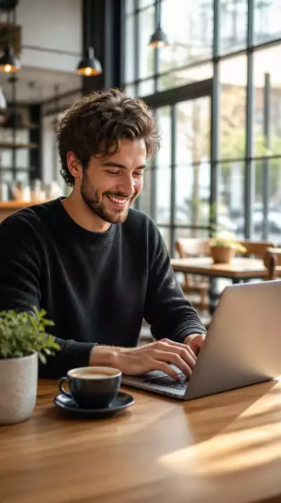 Person using a laptop in a cafe, demonstrating flexible gig economy work