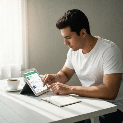 Person organizing digital coupons on a tablet with a cup of coffee