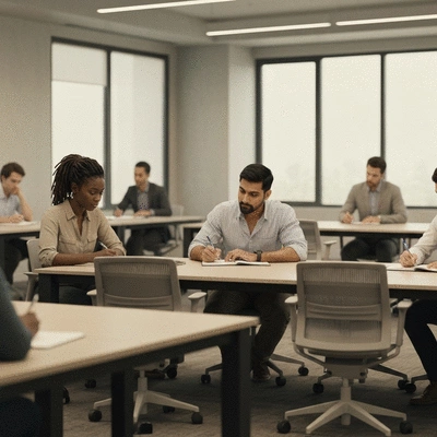 Diverse group of gig workers attending a legal aid workshop, engaged and taking notes