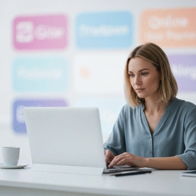 Freelancer working on a laptop with a diverse set of niche gig platforms represented by icons floating around them