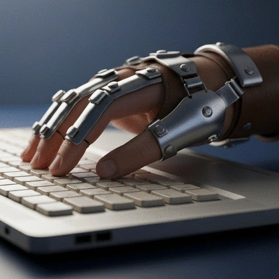 Close-up of hands typing on a laptop with various app icons floating around, representing seamless integration