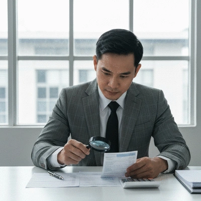 Person reviewing a bank statement with a magnifying glass