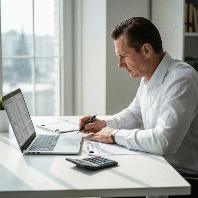 Person calculating finances on a laptop with tax forms and a calculator on the desk, no text, no words, no typography, 8K