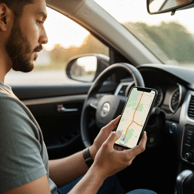 Rideshare driver planning route on a smartphone