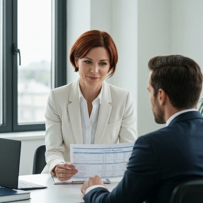Financial advisor discussing credit reports with a client in a modern office