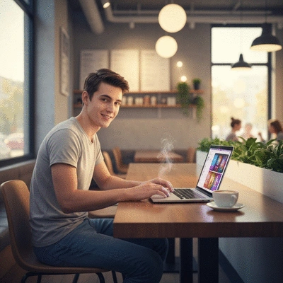 Student happily working on a laptop in a coffee shop, showcasing flexibility of side hustles