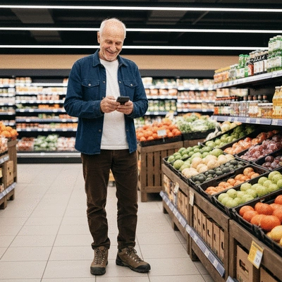 Person using a smartphone to scan a digital coupon in a grocery store aisle