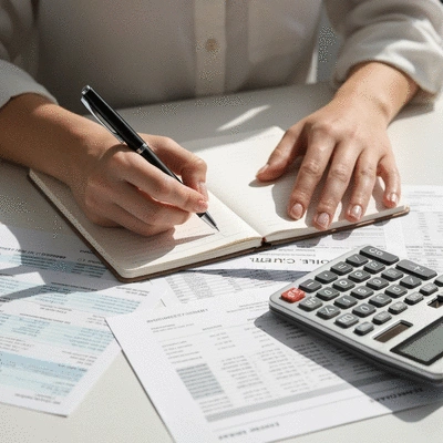 Person writing in a budgeting notebook with a pen