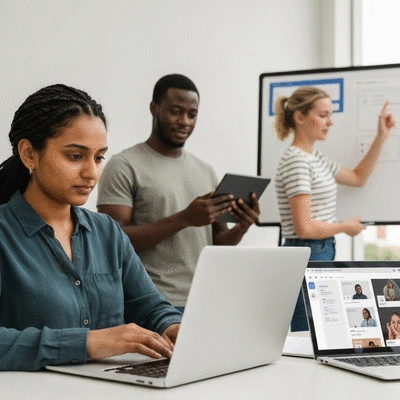 Diverse group of gig workers collaboratively learning new skills online, representing continuous learning and skill adaptation, no text, no words, no typography, clean image