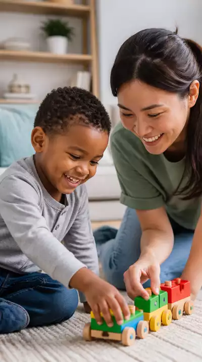 Happy caregiver playing with a child in a brightly lit home, symbolizing meaningful work and connections.