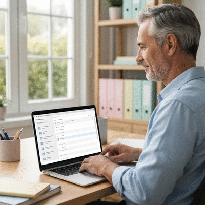 Person using project management software on a laptop, showing task lists and a calendar