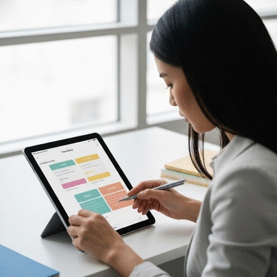 Person planning their freelance work on a digital tablet, showing a structured workflow