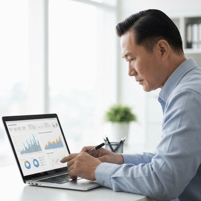 Person analyzing financial reports on a laptop
