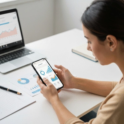Person using a mobile phone to manage finances, with charts and graphs on screen, no text, no words, no typography, clean image