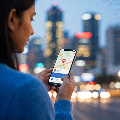 Person using a ride-sharing app on a smartphone, with city lights in background
