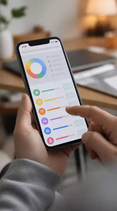 Close-up of a person's hands using a smartphone with a budgeting app interface, showing various financial categories and balances