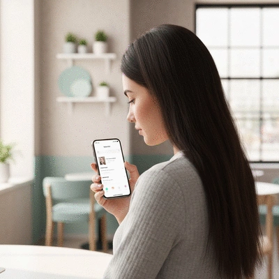 A person using a budgeting app on a smartphone, with a blurred background of a home office