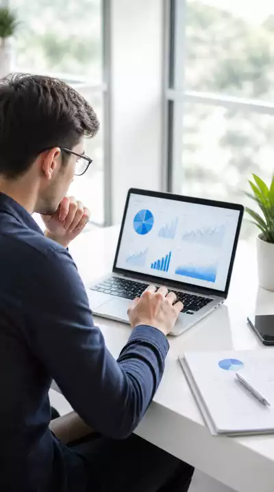 Person analyzing financial data on a laptop, with charts and graphs on screen, representing budgeting and financial planning