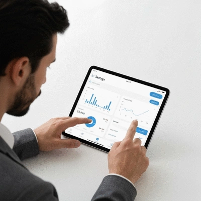 Person using a banking app on a tablet, showing financial graphs and data