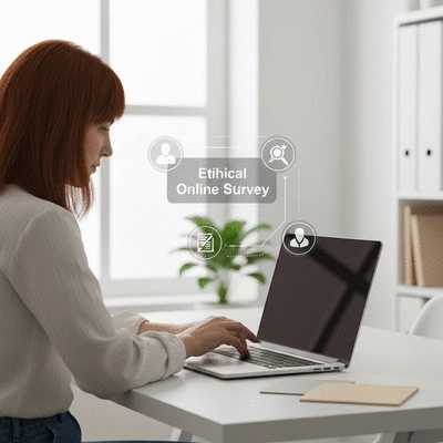 Person participating in an ethical online survey on a laptop, showing data privacy and fair compensation symbols
