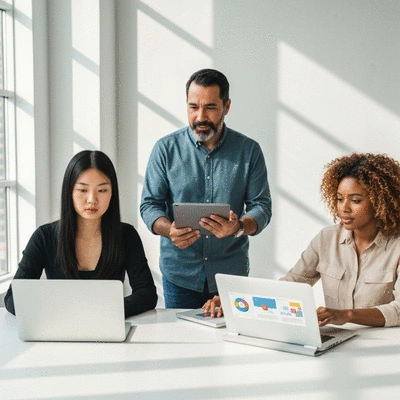 Diverse team members collaborating online using various digital tools