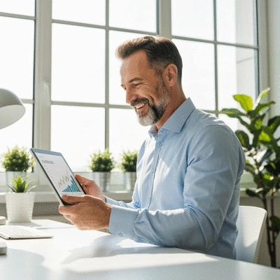 Person happily looking at a financial chart on a tablet, celebrating a budgeting milestone