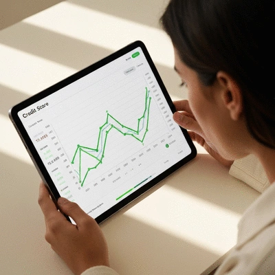 Person looking at a credit score chart on a tablet, showing positive trends