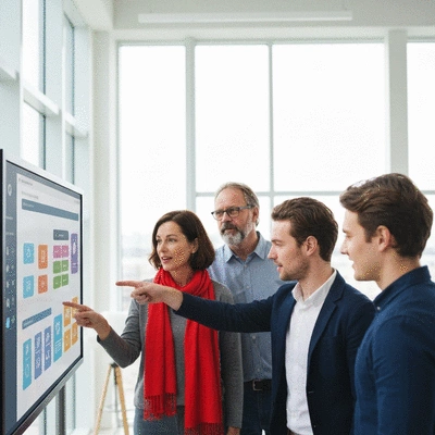 Team collaborating on a digital project board on a large screen in a modern office