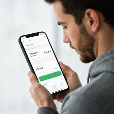 Person reviewing online banking app on a smartphone, showing high-yield savings account details