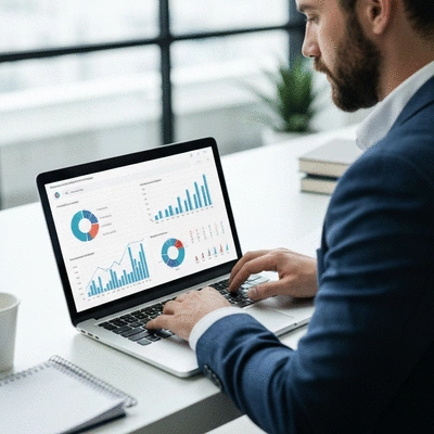 Person analyzing financial data on a laptop with charts and graphs