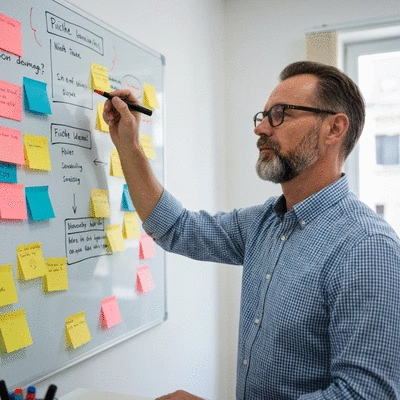 Person brainstorming niche ideas on a whiteboard for a print-on-demand business