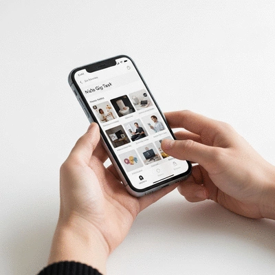Person using a mobile app to manage various niche gig tasks, with a clean and modern interface