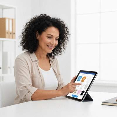 Person using a tablet to design custom products for a print-on-demand store