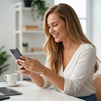 Woman happily managing finances with a budgeting app on her phone
