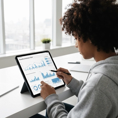 Person analyzing a passive income flow chart on a tablet