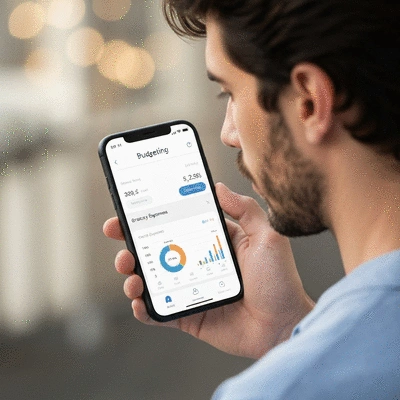 Person using a budgeting app on a smartphone, showing grocery expenses and savings