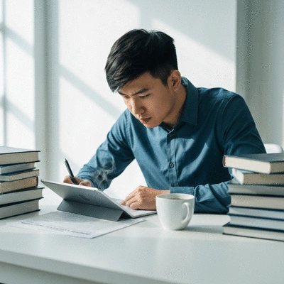 Person researching tax credits and deductions on a tablet, surrounded by books and a cup of coffee, no text, no words, no typography, 8K