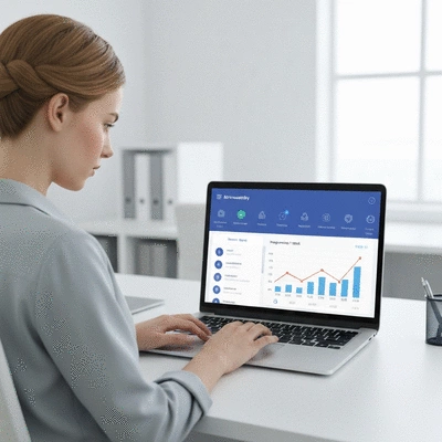 Person using AI productivity app on a laptop, showing streamlined tasks and income growth