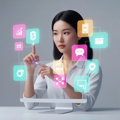 Illustration of a person thoughtfully selecting digital tools on a screen, surrounded by icons representing flexibility, payment, communication, and task management.