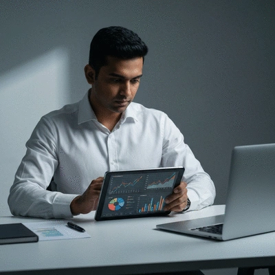 Person analyzing financial data with AI tools on a tablet, showing graphs and charts