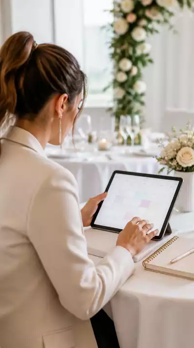 Event planner organizing a calendar on a tablet