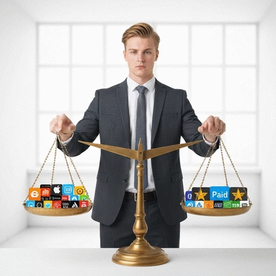 Entrepreneur weighing options between free and paid tools, depicted as scales
