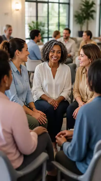 Diverse group of caregivers networking and sharing experiences in a modern community setting, symbolizing support and growth.