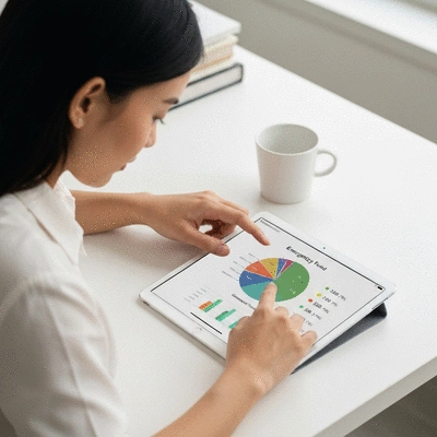 Person looking at a pie chart on a tablet showing emergency fund allocation, no text, no words, no typography, clean image
