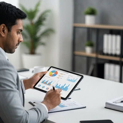 Person reviewing financial budget on a tablet with graphs and charts