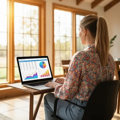 Person using a laptop with money icons floating around, symbolizing income growth and financial flexibility.